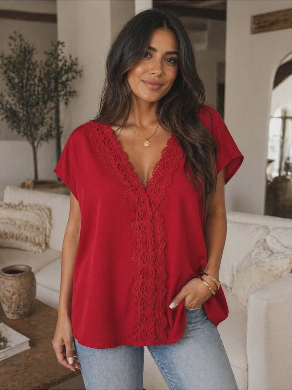 SHEIN Red Lace-Trim V-Neck Tunic Top